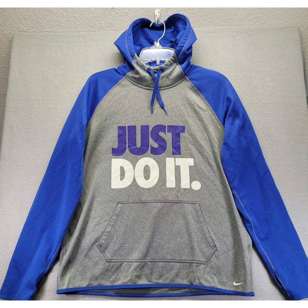 Nike Therma Fit Womens Blue Gray Just Do It Pullover Hoodie Size Large 715593